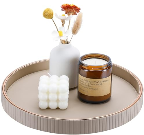 KINGFOM Round Tray, Candle Plate, PU Leather Large Tray Perfume Plate, Coffee Table Decor, Decorative Serving Trays Dining Table Accessories, 30 cm (Beige)