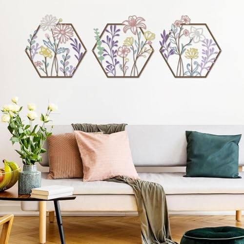 ESTART 3 Stück Metall-Blumen-Wanddekoration | Minimalistische Blumenwanddekoration, abstrakte Linie florale Wandkunst für Schlafzimmer, Badezimmer, Wohnzimmer, Küche(Bunt)