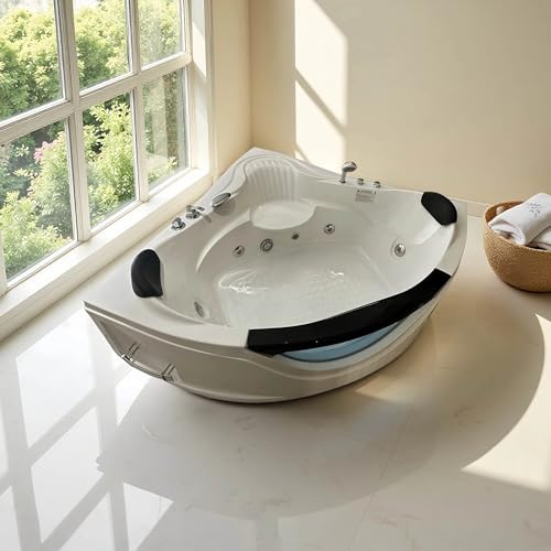 59x59 Jetted Corner Tubs with 6 Whirlpool Nozzles, 2 Person Massage Whirlpool Bathtub with Pillows, Hydro Massage, Chromatherapy LED Lights, Certified Water Pump, Pneumatic Adjust System