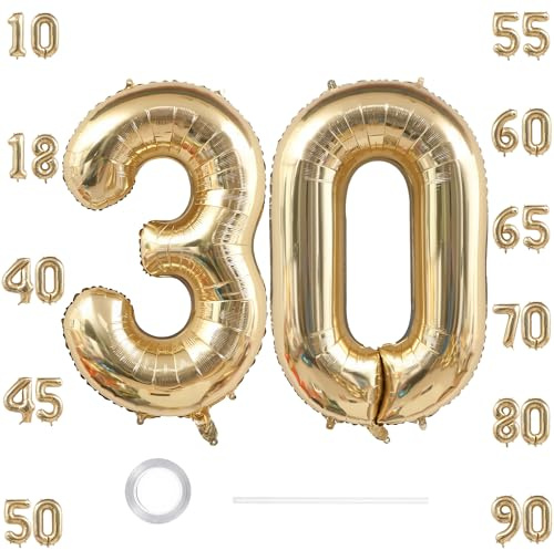 GoldRock XXL ballong 30-årsdag dekoration vitt guld, 100 cm (100 tum) ballongdekoration 30-årsdag kvinna man, 30 ballonger siffror, ballonger 30. Födelsedagar, födelsedagsdekoration 30 år