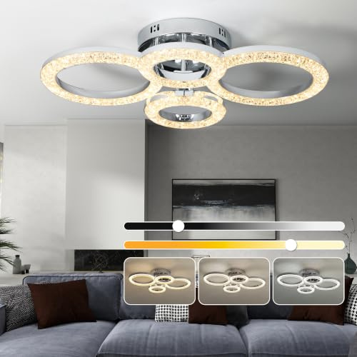 HOMCOM LED Ceiling Light Dimmable 4 Rings with Wall Switch 40W Silver Tone | Modern Ceiling Lamp, 4350lm, Flush Mount Fixture Light, 3500K/4500K/6000K Colour Temperatures, Living Room, Bedroom