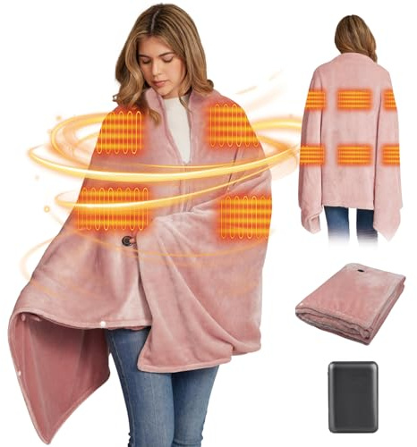 160x90cm Heizdecke Kabellos mit 16000mAh Akku, Waschbar Flanell Heizdecke zum Anziehen mit 6 Heizzonen und 3 Temperaturstufen, USB Elektrische Wärmedecke für Sofa, Büro, Reisen, Camping (Rosa)