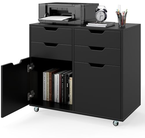 FANTASK Aktenschrank mit Rollen, Rollcontainer mit 4 Schubladen und 2 Türen, Druckerständer, Mobiler Aktenschrank für Dokumente in DIN A4-, Letter-Format, Legal-Format (Schwarz)