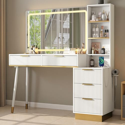 LUXOAK Tocador Grande con Espejo LED y Puerto USB, 5 cajones, encimera de Vidrio, diseño Amplio de 122×40×137 cm, Estable y fácil de Limpiar, Ideal para Dormitorio