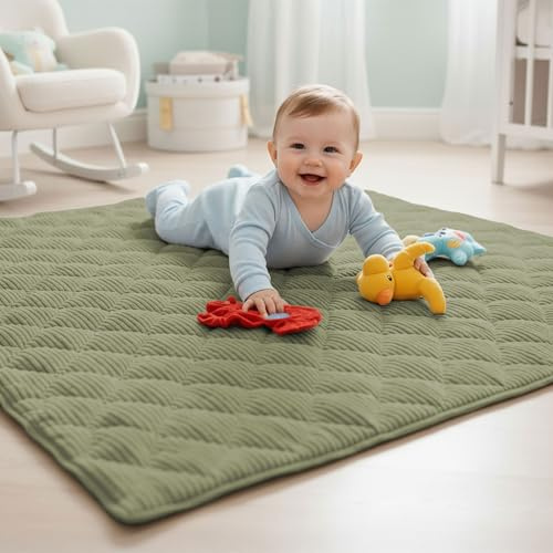 Sanosoft® Soft-Cord Krabbeldecke - rutsch- & wasserfest - Öko Tex & Made in Germany (Khaki/Grün, 120x120cm)