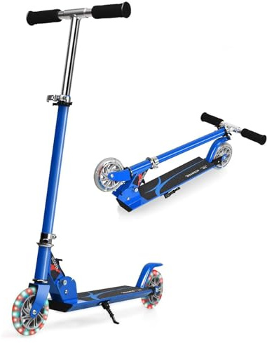GOPLUS Roller Kinder ab 4 Jahre, Scooter Kinder mit LED Rädern und Hinterradbremse, Tretroller Kinderroller höhenverstellbar klappbar bis 70 kg belastbar für Mädchen Jungen (Blau)