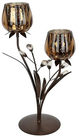 Kerzenhalter aus Metall mit 2 Glas-Schalen 35cm Teelichthalter Kerzenständer Kerzenleuchter modern Blumen Design Braun Gold Wohnzimmer Deko Geschenkidee Stimmungslicht romantische Deko Valentinstag