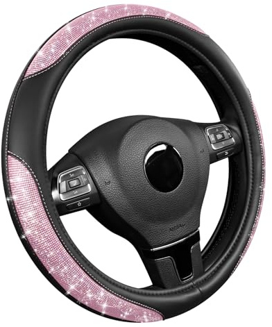 Road Comforts Pixel Glitter Steering Wheel Cover, 14.5–15 Inch Leather Steering Wheels Snug Fit, Anti-Slip Leather Grip, Elegant Sparkle Design, Universal Fit - Light Pink