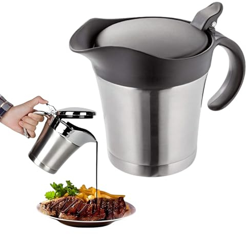 Salsera aislada de acero inoxidable con tapa, calentador térmico de salsa de 15 onzas y servidor de salsas, diseño de doble pared con boquilla antigoteo, cubierta con bisagras para Acción de Gracias