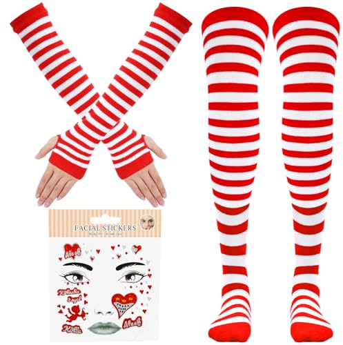 CHONGQILAO Accesorios de Disfraces para Carnaval, Medias Rayas Rojas y Blancas, Guantes Largos a Rayas Sin Dedos, Tatuajes Faciales para Carnaval, Calcetines Hasta la Rodilla, Calentadores de Brazos