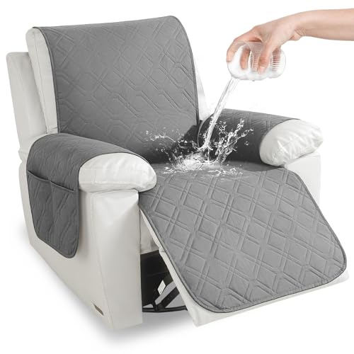 YSTELLAA Sesselschoner Wasserdichter 1 Sitzer, Sesselschoner Für Relaxsessel Mit Taschen, Sessel Bezug Anti-Rutsch Kratzfest, Sesselschoner Mit Armlehne, Für Kindern Und Haustieren, Hellgrau