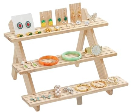 Bustlwor Soporte de Exhibición de Madera de 3 Niveles, Soporte Desmontable de Madera sin Terminar, para Joyería, Exposición, Colección de Almacenamiento