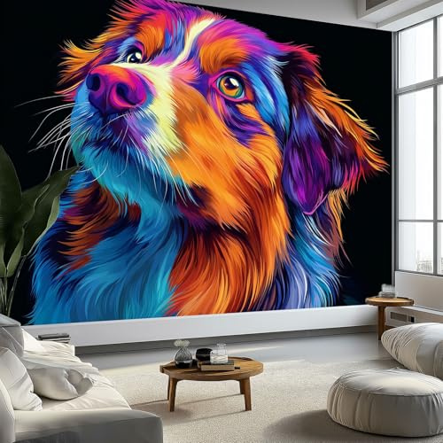 Vlies Fototapete Kinderzimmer 150 x 105 cm (B x H) - 3D Effekt Tapete Energiegeladene Farbenfrohe Hunde Haustiere, Schwarz Fototapeten für Mädchen & Jungen Wohnzimmer Schlafzimmer Wandbilder Wanddeko