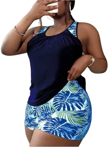 Tankinis Mujer Estampado Vintage - Bañadores Mujer Tankinis Suave Moda, Trajes De Baño Dos Piezas Elegante Basicas Swimsuits for Women Playa Verano Vacaciones Azul Oscuro XXL