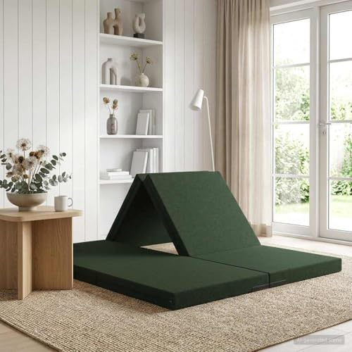 Kaloriko Fällbar soffa, säng, mörkgrön med 2-i-1-funktion, 140 x 67 x 45 cm, avtagbart polyestertyg, täcke, mångsidigt sovunderlag och gästmadrass, kompakt för sovrum och vardagsrum