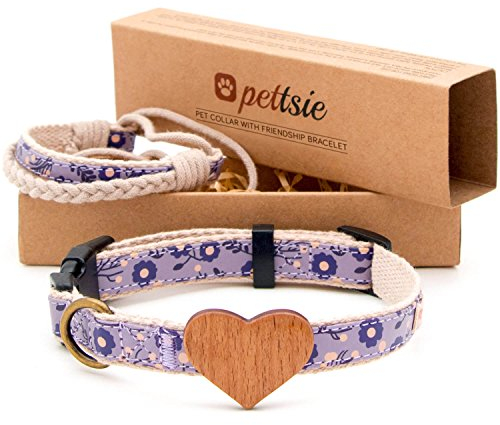 Pettsie Hundehalsband mit Herz und Freundschaftsarmband, einstellbare Größen S und M, Komfortables Designer Hanf, stark und langlebig, tolles Geschenk für Hundeliebhaber, Lila