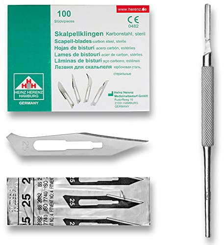 May Skalpell Set – 100 Sterile Skalpellklingen Figur 25 aus Karbonstahl, einzeln verpackt – Inkl. Edelstahl Skalpellhalter Nr. 4 (runder Griff) - Einwegklingen für Basteln, Modellbau & Fußpflege