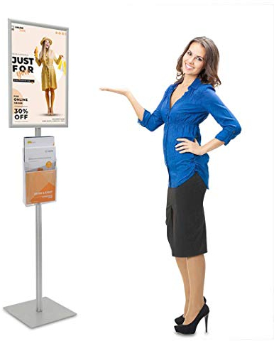 MyMAXXI | Plakatständer Shop DIN A2 Klapprahmen Beidseitig Prospekthalter A4 3x freihstehend, mobiler Plakathalter Aluminiumprofil, Plakatständer mit Standfuß aus Edelstahl silber, Bodenständer