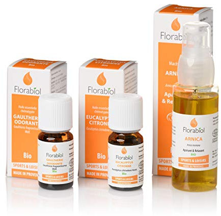 Florabiol | Huiles Essentielles BIO | Gaulthérie Odorante - Eucalyptus Citronné | 2 x 10 ml + Huile Végétale Arnica (50ml) | Pure et Naturelle | Aromathérapie | Pack Sport