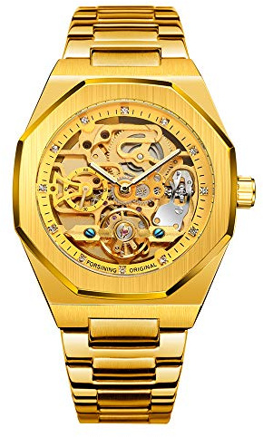 Tourbillon Design analog automatisk klocka i rostfritt stål mekaniskt skelett manlig klocka, Guld