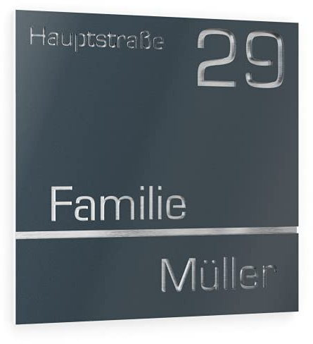 Graviers Design Hausnummer aus V2A Edelstahl 230x230mm - Anthrazit RAL 7016 - Wetterfest Rostfrei Individuell anpassbar Straße Nummer Familienname - Made in Germany