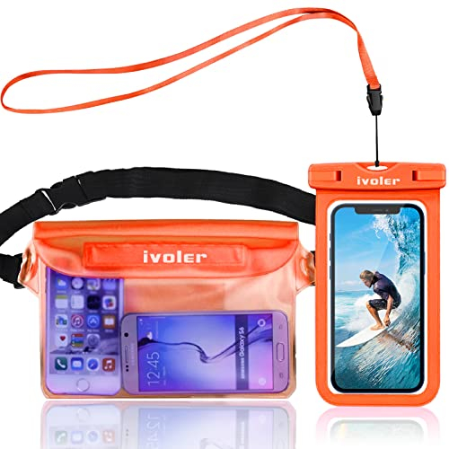 ivoler 2 en 1 Kit Étanche Sac Étanche avec Pochette Étanche Téléphone, Etui Pochette Imperméable à Ceinture avec Housse Étanche Smartphones pour Camping Nautique Kayak Pêche Rafting Natation (Orange)