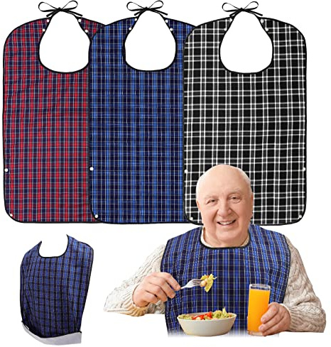 Roylvan Adult Bibs, 3 Pcs Washable Clothing Protector with Crumb Catcher for Eating, Reusable Waterproof Large Adult Feeding Bibs with Snaps for Elderly Senior Women Men, Black & Red & Blue