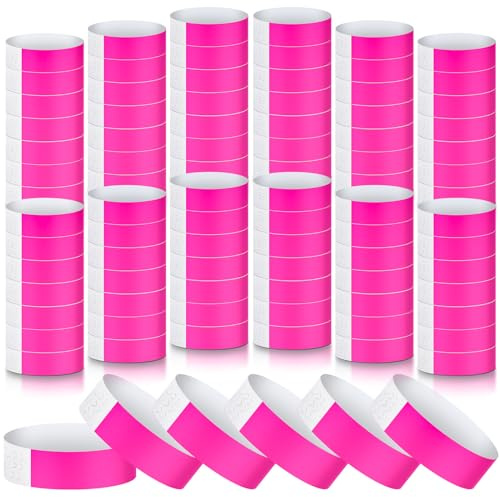 Tudomro 1200 Pack Plastic Paper Wristbands for Events Neon Party Wrist Bands Colored Waterproof Concert Identification Hand Bands Lightweight Adhesive Wristband(Pink)