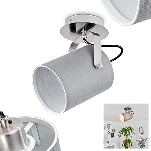Wandleuchte Puelches, Wandlampe aus Metall/Stoff in Nickel-matt/Grau/Weiß, Spot 1-flammig, 1 x E27-Fassung, ohne Leuchtmittel, verstellbarer Wandspot mit Stoff-Schirm und Stellschrauben