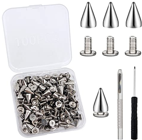 iTGOOS 100 Pieces Cone Spikes Studs Rivets Metal Bullet Cone Spikes with Screwbacks Metal Cone Spikes Screwback Studs Leather Spikes Rivets Clothing Decoration Silver