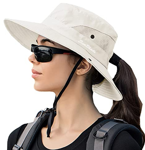 Damen Sonnenhut Pferdeschwanz Strandhut Sommer UV-Schutz Mesh Breiter Rand Faltbarer Hut mit Pferdeschwanzloch