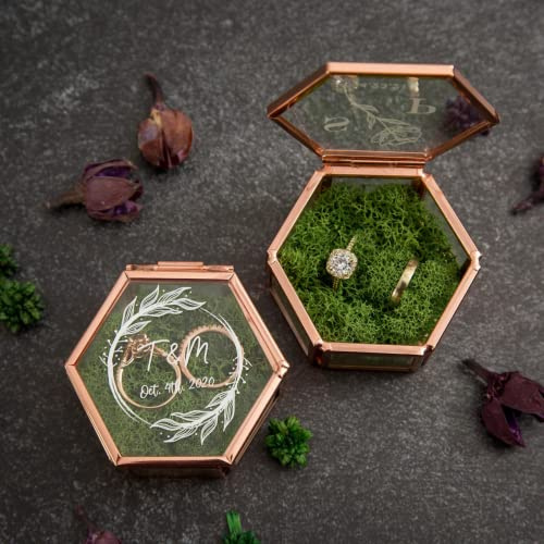 Personalisierte Ringbox für Hochzeitszeremonie, geometrisches Glas, fünfseitige Schmuckschatulle, sechseckige Glasringschachtel, individuelles Hochzeitsgeschenk, Herr- und Frau-Ringbox., 7.5 * 4.5 CM