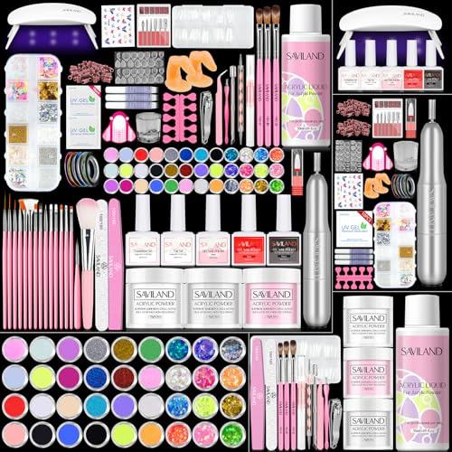 SAVILAND Acrylic Nail Kit with Drill: Professional Acrylic Nail Set for Beginners with Everything U V Light 3 Colors Gel Polish Decorations Nails Tools for Home Salon Use Christmas Gift Set