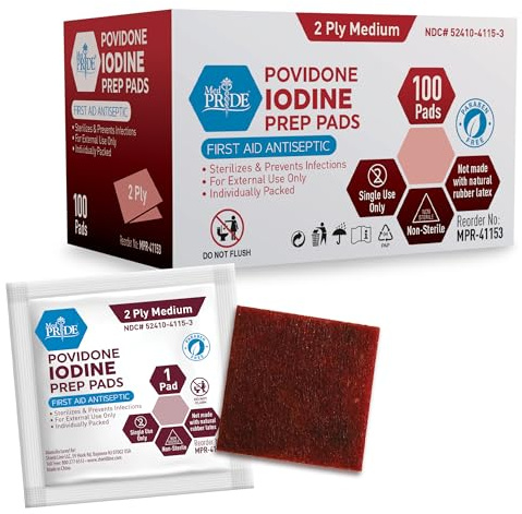 MED PRIDE Povidone Iodine Prep Pads, 10%, Alcohol-Free Antiseptic, 100-Ct