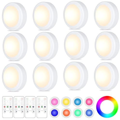 Yiliaw 12 Pack LED Puck Lights Remote Control 16 Color Changeable Under Cabinet Lights, Battery Operated Lights Night Light with Dimmer & Timmer for Closet Bedroom Kitchen, White