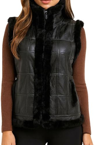 LVCOMEFF Unisex Sheepskin Vest Shearling Lined Sleeveless Jacket Gilet Warm High-collar Outerwear with Pocket (black,Large)