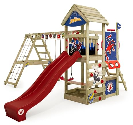Marvel's Spider-Man Story Spielturm von Wickey - Klettergerüst, Kletterturm, Gartenspielgerät für Kinder - Outdoor Garten Spielplatz aus Holz mit Sandkasten