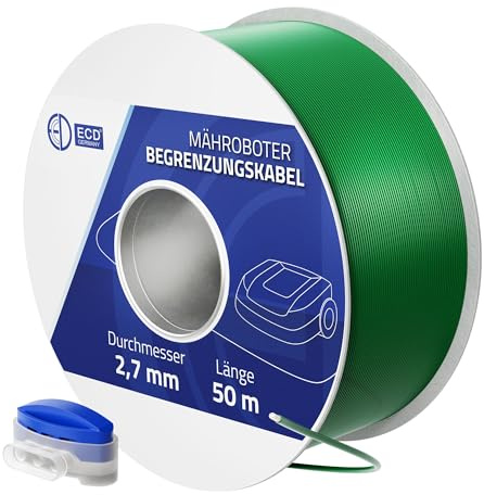 ECD Germany 50m Universal Begrenzungskabel für Mähroboter, 12 Kabelverbinder, Ø2,7mm, Kupfer verzinnt, Begrenzungsdraht für Rasenmäher Rasenroboter, Kompatibel mit Gardena Bosch Husqvarna Worx Honda