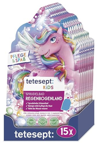 tetesept KIDS Sprudelbad Regenbogenland, Schaumbad, 40 g x 15 | Fruchtiger Duft, bunter Badeschaum & rosarotes Wasser, mit Kakaobutter, für Kinder ab 3 Jahren