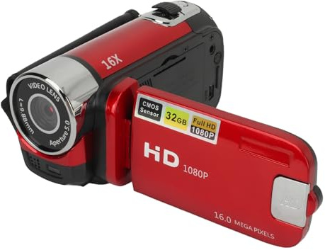 Denash Videocamera Digitale 1080P 16MP Con Zoom Digitale 16X, Compatta per Fotografia (Rosso)