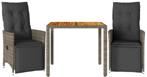 vidaXL Garten Bistroset 3-TLG., Balkonset mit Kissen, Gartenmöbel Tisch 2 Verstellbare Stühle, Balkonmöbel Sitzgruppe Gartengarnitur, Grau Poly Rattan