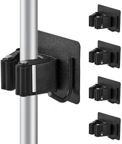 Cokshy Besenhalterung Wand, 4 Stück Edelstahl Besenhalter mit Haken Selbstklebend, Mop Halterung ohne Bohren GeräTehalter für KüChe, Wischmopp, Badezimmer, Garten, Schaufel, Werkzeuge (Schwarz)