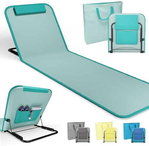Onbest Bequeme Strandliege 165 cm lang - mit Verstellbarer Rückenlehne und Liegekissen – praktisches Staufach – Strandmatte klappbar – Leichter Transport – inkl. Tragetasche - Strandmatte (Türkis)