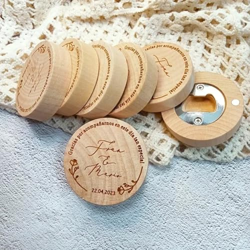 Personalisierter Flaschenöffner für Hochzeiten, personalisierbar, aus Holz, graviert, für Kühlschrank, für Brautjungfer, Hochzeit, Party, Gastgeschenke (20 Stück)