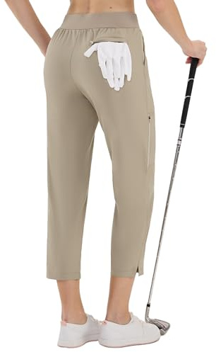 LastFor1 Damen-Golfhose, hohe Taille, wasserabweisend, LSF 50+, 7/8-Knöchelhose mit Taschen, leicht, sportlich, lässig, Khaki, M