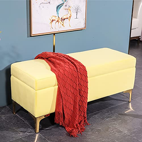 CuNtoHHH Nordischer Stil Wohnzimmer Schlafzimmer Fußstütze Aufbewahrungstruhe,Rechteck Lift Top Lagerung Ottomane Sitz Ende Der Bettbank,Premium Samt Gepolsterte Aufbewahrungsbank-Gelb 90x40x46cm(35x