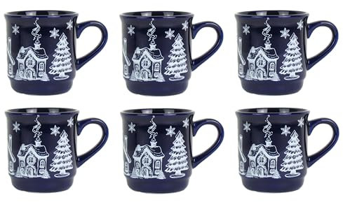 Lentz Lot de 6 tasses à vin chaud en grès 0,2 l - Bleu foncé avec décor hivernal - Passe au lave-vaisselle et au micro-ondes