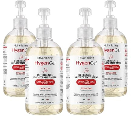 Hygen Gel, Igienizzante Mani, Alcool 75%, Con Aloe Vera e Timo, Senza Risciacquo, Profumato al Limone - 4 Flaconi da 500 ml - 2 litri