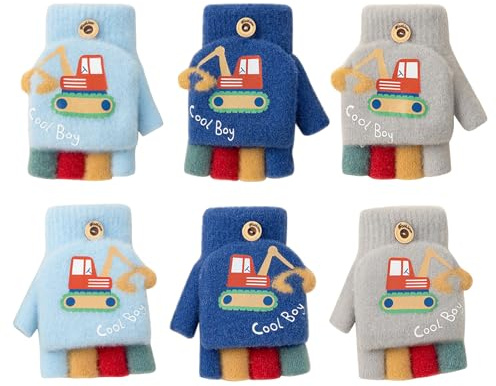 QKURT 3 Pairs Kids Fingerless Gloves With Elevator Pattern - Convertible Flip Top Knitted Half Finger Winter Warm Mittens Stretch Magic Gloves for Boys Girls 5-12 Years Old