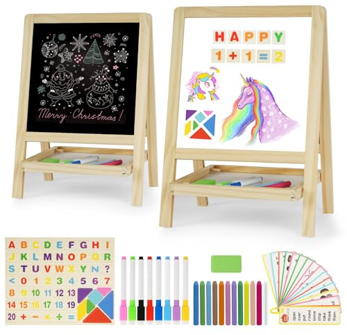 Kids Tabletop Double-Sided Wooden Art Easel - Chalkboard & Whiteboard Painting Board for Toddlers, Dry-Erase Classroom Desk Easel with Chalk, Markers, Eraser, Magnetic Letters/Numbers & Flashcards